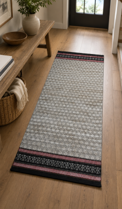Tappeto Londra Grigio In Cotone/Lana Con Bordo Bordaux