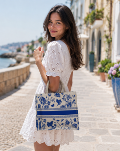 Borsa in canvas di cotone laminato 280gr, cerata internamente, stampa blu Bor9COTBLU - SMALL